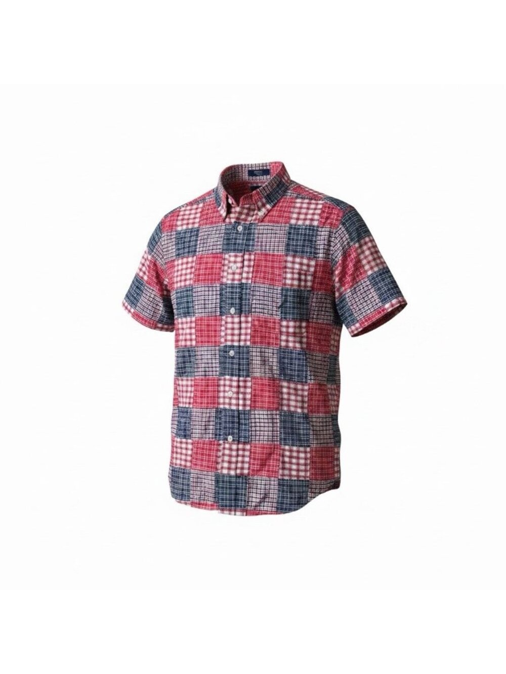 Vtg Nautica Patchwork Red White Blue Button Up Shirt Size Medium Men’s Short Slv
